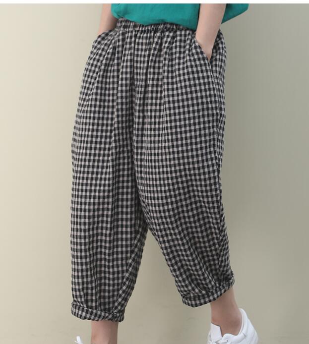 Checked Summer Loose Linen Wide Leg Women Casual Pants WG05131 VPPBUY shop