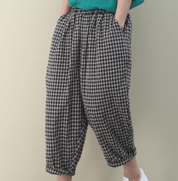 Checked Summer Loose Linen Wide Leg Women Casual Pants WG05131 VPPBUY shop