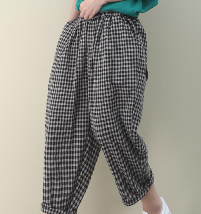 Checked Summer Loose Linen Wide Leg Women Casual Pants WG05131 VPPBUY shop