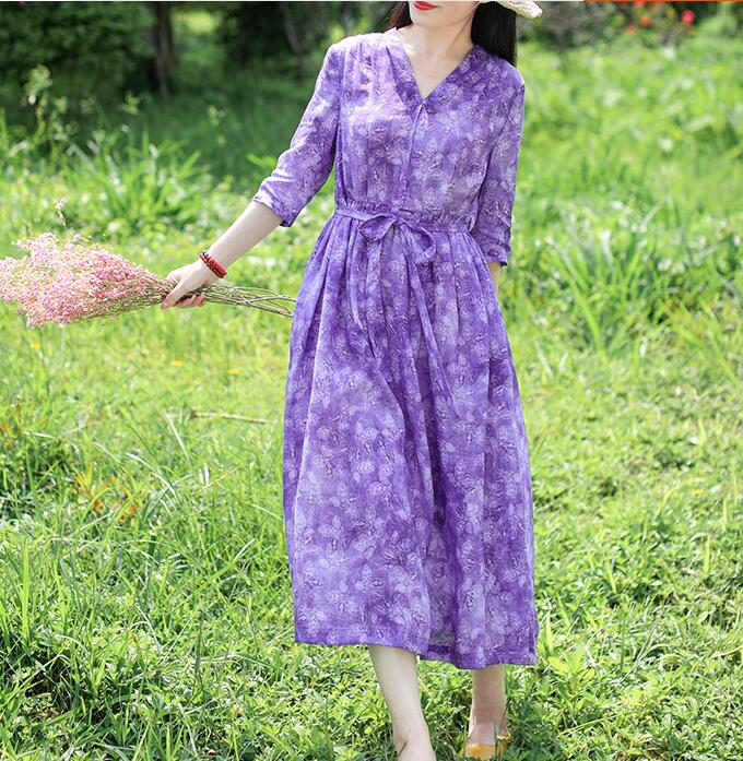 Purple Floral Women Dresses Casual Spring Linen Women Summer Dresses Half Sleeve SSM97215 VPPBUY shop