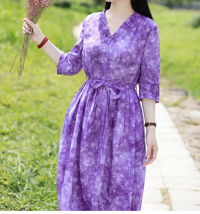 Purple Floral Women Dresses Casual Spring Linen Women Summer Dresses Half Sleeve SSM97215 VPPBUY shop