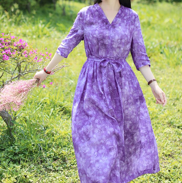 Purple Floral Women Dresses Casual Spring Linen Women Summer Dresses Half Sleeve SSM97215 VPPBUY shop