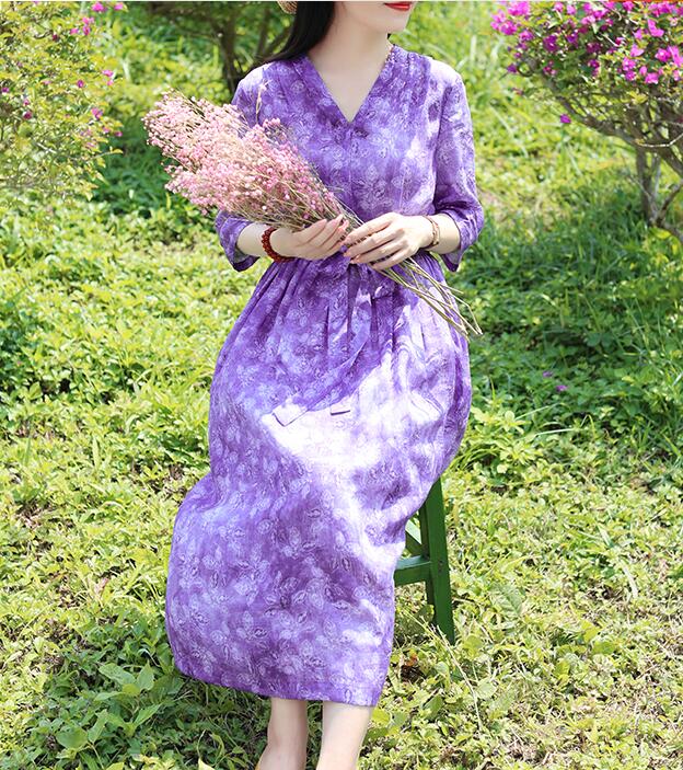 Purple Floral Women Dresses Casual Spring Linen Women Summer Dresses Half Sleeve SSM97215 VPPBUY shop