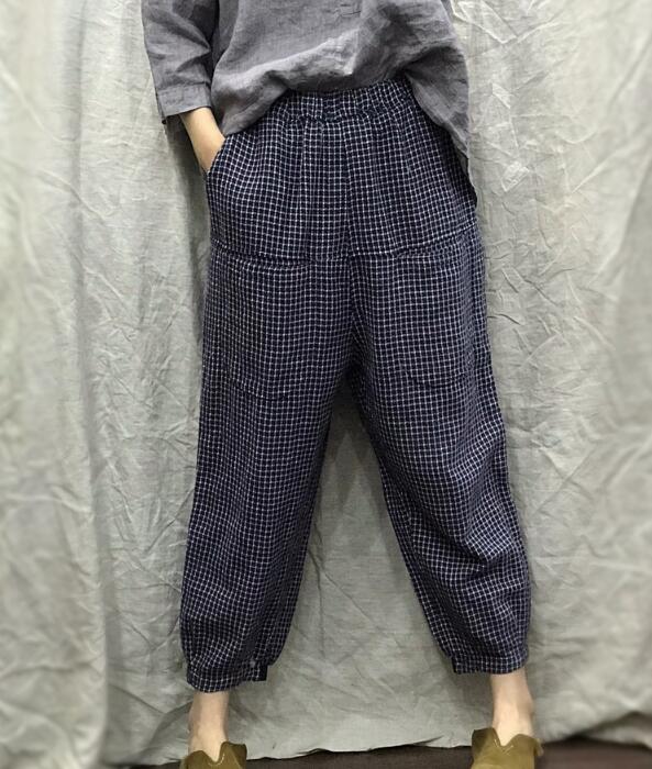 Checked Summer Loose Linen Wide Leg Women Casual Pants WG05131 VPPBUY shop