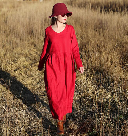 Red Women Dresses Ramie Casual Spring Linen Women Dresses With Waist BeltSSM97215 VPPBUY shop