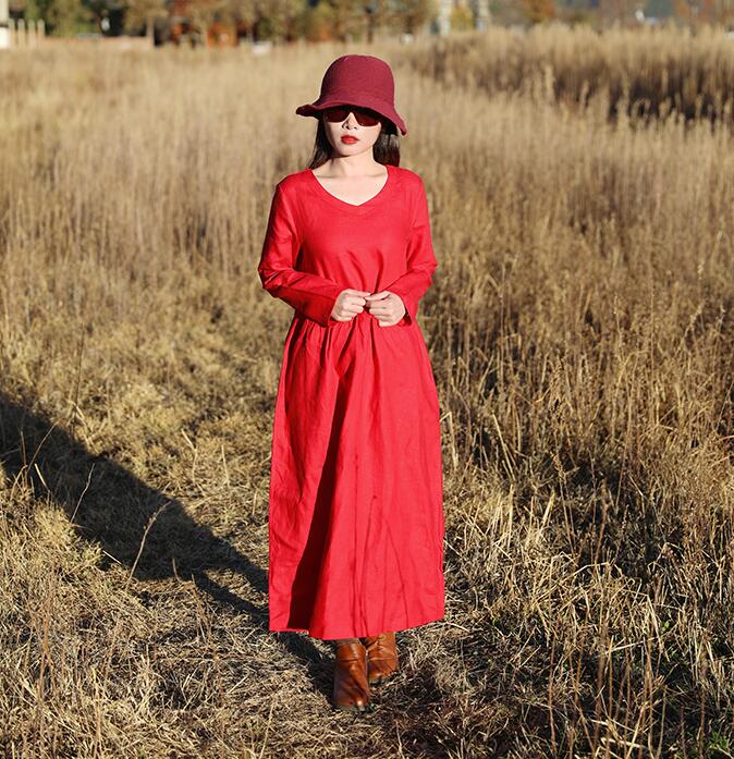 Red Women Dresses Ramie Casual Spring Linen Women Dresses With Waist BeltSSM97215 VPPBUY shop