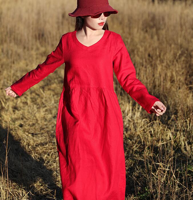 Red Women Dresses Ramie Casual Spring Linen Women Dresses With Waist BeltSSM97215 VPPBUY shop