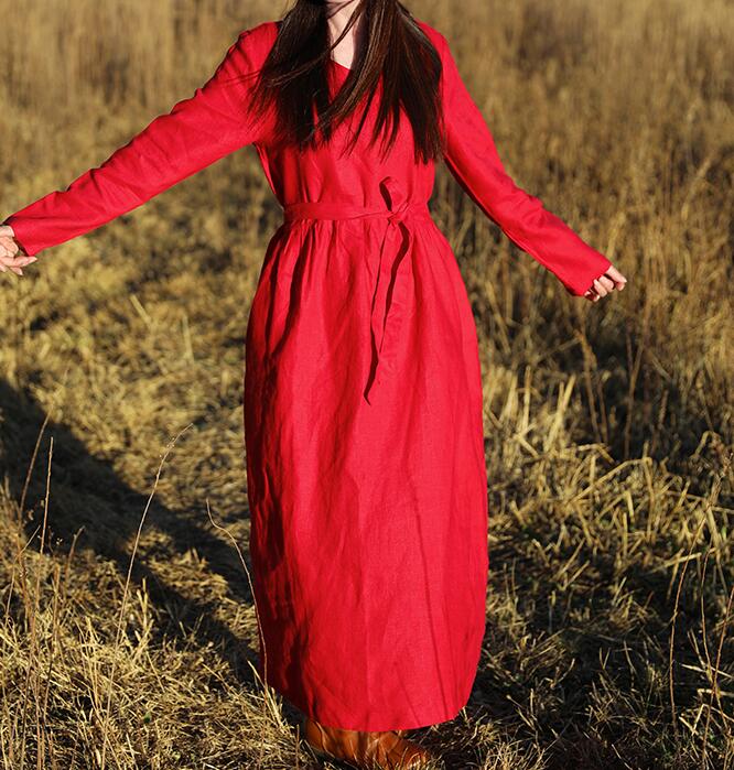 Red Women Dresses Ramie Casual Spring Linen Women Dresses With Waist BeltSSM97215 VPPBUY shop