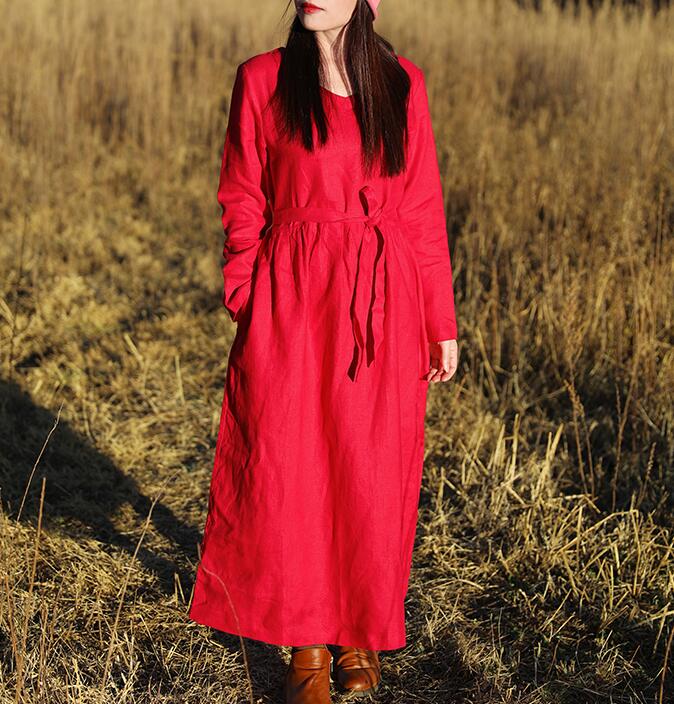 Red Women Dresses Ramie Casual Spring Linen Women Dresses With Waist BeltSSM97215 VPPBUY shop