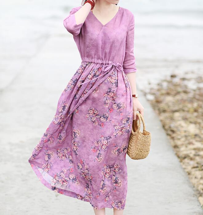 Purple Flroal Women Dresses Ramie Casual Spring Linen Women Dresses Short Sleeve SSM97215 VPPBUY shop