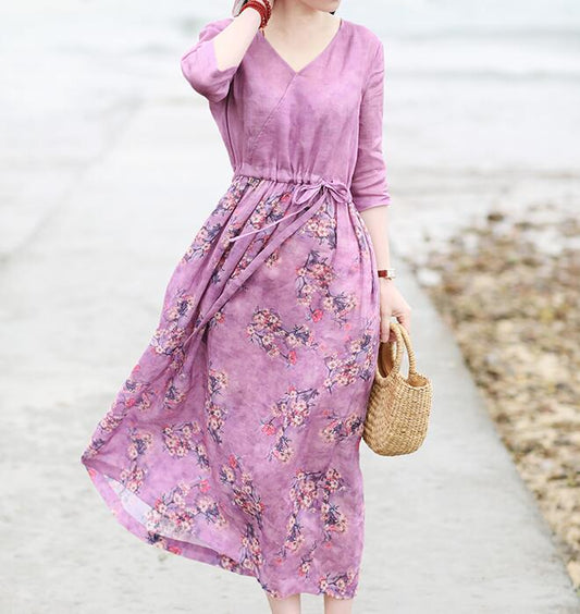 Purple Flroal Women Dresses Ramie Casual Spring Linen Women Dresses Short Sleeve SSM97215 VPPBUY shop