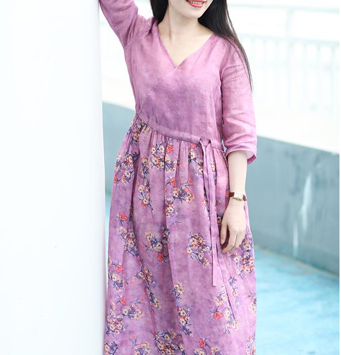 Purple Flroal Women Dresses Ramie Casual Spring Linen Women Dresses Short Sleeve SSM97215 VPPBUY shop