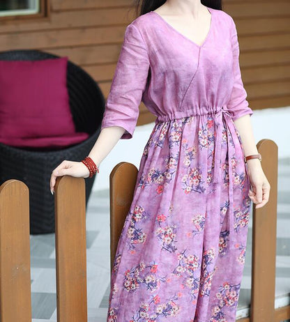 Purple Flroal Women Dresses Ramie Casual Spring Linen Women Dresses Short Sleeve SSM97215 VPPBUY shop