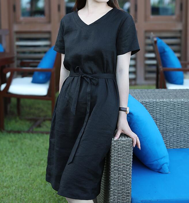 V Neck Floral Women Dresses Ramie Casual Spring Linen Women Dresses Short Sleeve SSM97215 VPPBUY shop