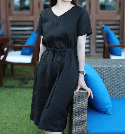 V Neck Floral Women Dresses Ramie Casual Spring Linen Women Dresses Short Sleeve SSM97215 VPPBUY shop