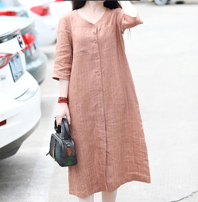 Striped V Neck Women Dresses Ramie Casual Spring Linen Women Dresses Short Sleeve SSM97215 VPPBUY shop