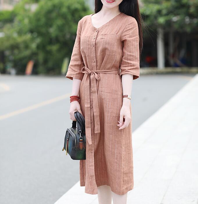 Striped V Neck Women Dresses Ramie Casual Spring Linen Women Dresses Short Sleeve SSM97215 VPPBUY shop