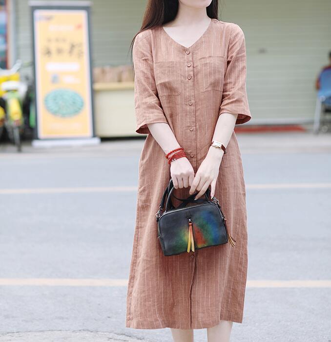 Striped V Neck Women Dresses Ramie Casual Spring Linen Women Dresses Short Sleeve SSM97215 VPPBUY shop