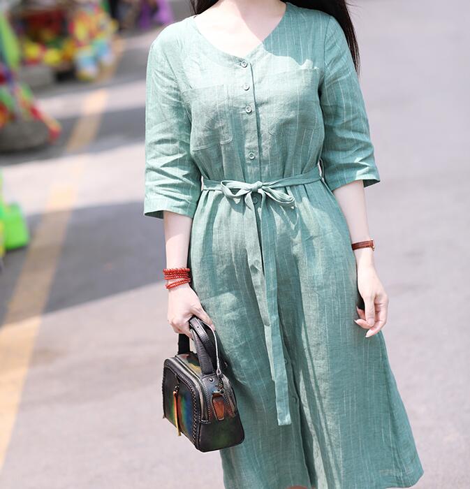 Striped V Neck Women Dresses Ramie Casual Spring Linen Women Dresses Short Sleeve SSM97215 VPPBUY shop