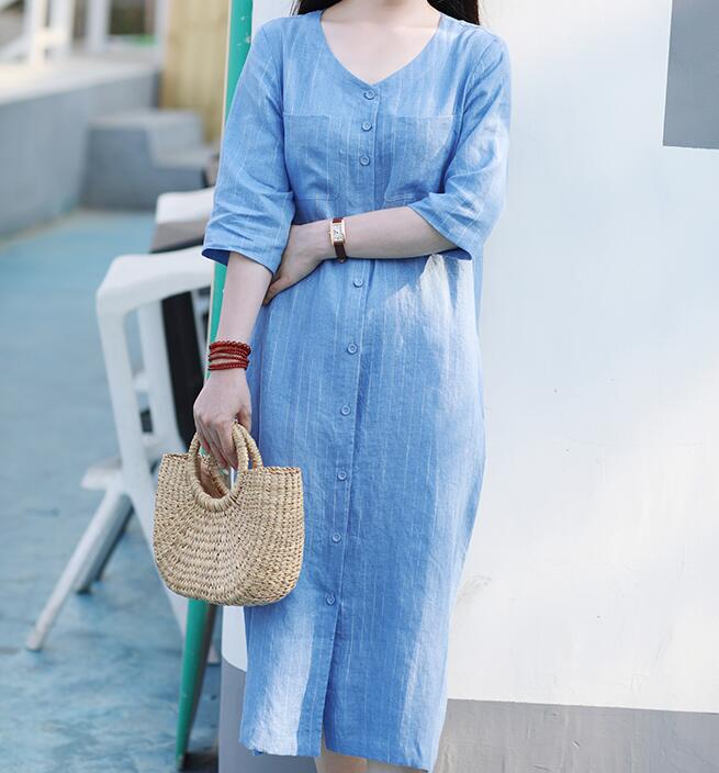 Striped V Neck Women Dresses Ramie Casual Spring Linen Women Dresses Short Sleeve SSM97215 VPPBUY shop