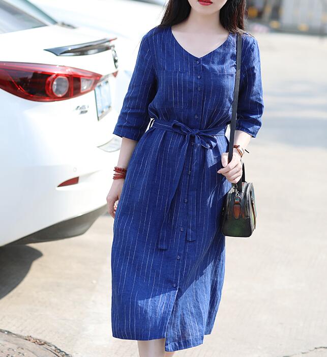 Striped V Neck Women Dresses Ramie Casual Spring Linen Women Dresses Short Sleeve SSM97215 VPPBUY shop