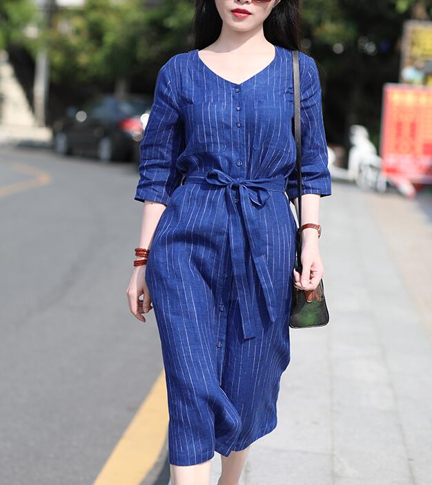 Striped V Neck Women Dresses Ramie Casual Spring Linen Women Dresses Short Sleeve SSM97215 VPPBUY shop