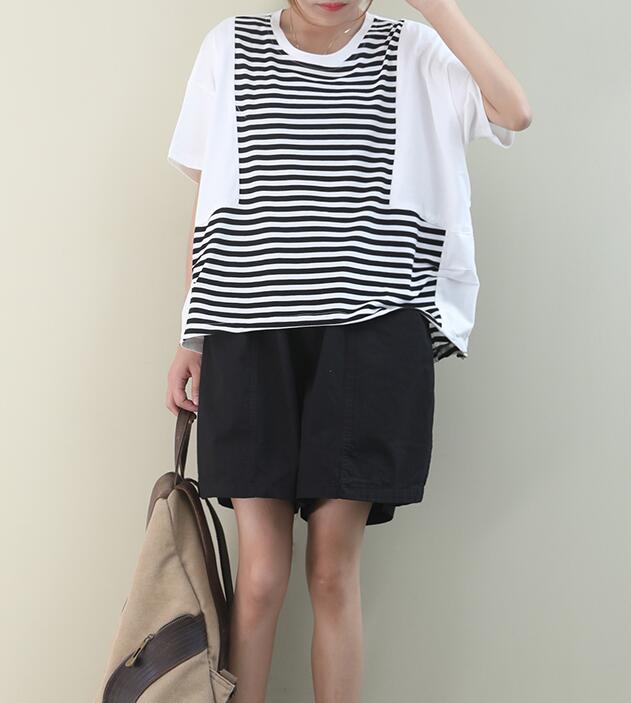 Patchwork A-Line Striped Loose Casual Summer Women Cotton Tops WG961707 VPPBUY shop