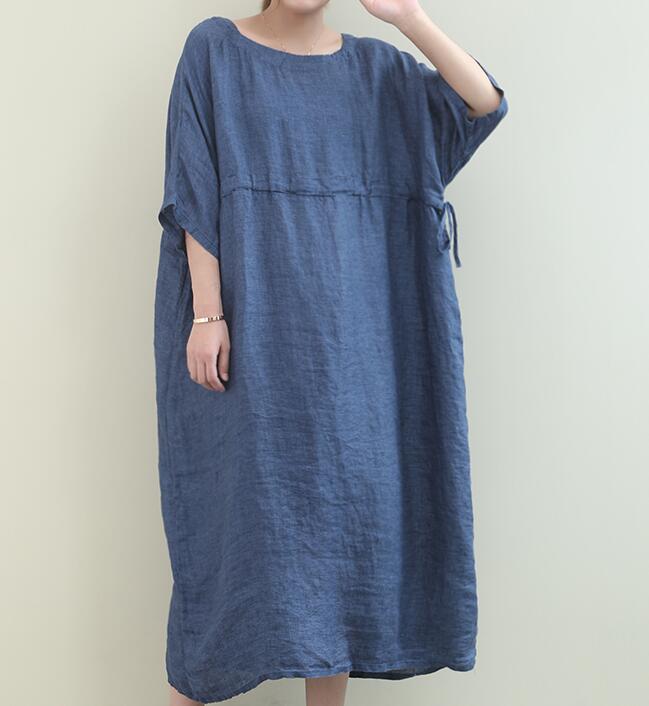 Draw String O Neck Women Dresses Casual Linen Women Dresses Bat Short Sleeve SSM97215 VPPBUY shop