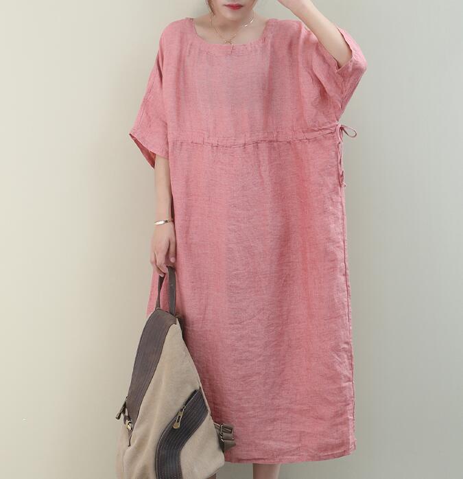 Draw String O Neck Women Dresses Casual Linen Women Dresses Bat Short Sleeve SSM97215 VPPBUY shop