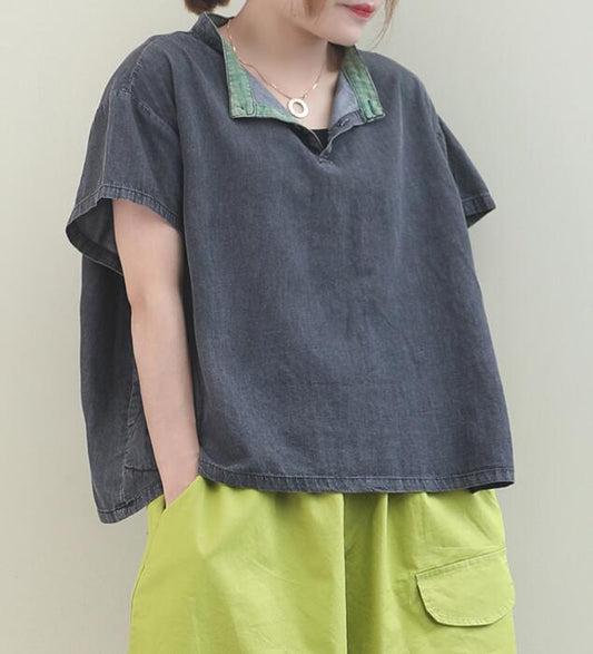 Color Block Collar Loose Casual T-Shirts Summer Women Cotton Tops WG961707 VPPBUY shop