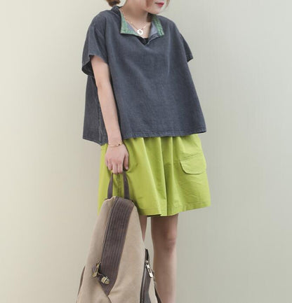 Color Block Collar Loose Casual T-Shirts Summer Women Cotton Tops WG961707 VPPBUY shop