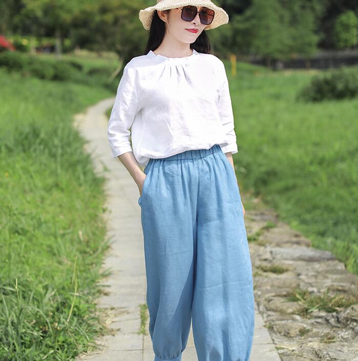 White Linen Blouse Simple Style Shirts Summer Tops  SMM9508 VPPBUY shop