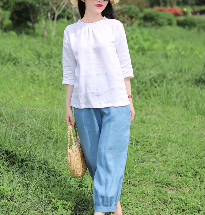 White Linen Blouse Simple Style Shirts Summer Tops  SMM9508 VPPBUY shop