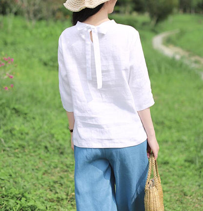 White Linen Blouse Simple Style Shirts Summer Tops  SMM9508 VPPBUY shop