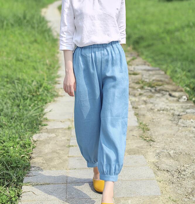 Light Blue Summer Loose Linen Wide Leg Women Casual Pants WG05131 VPPBUY shop