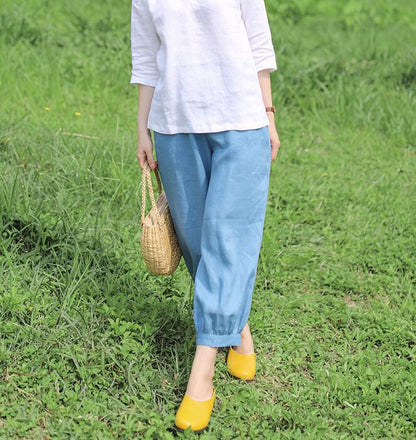 Light Blue Summer Loose Linen Wide Leg Women Casual Pants WG05131 VPPBUY shop