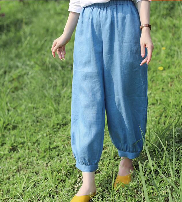 Light Blue Summer Loose Linen Wide Leg Women Casual Pants WG05131 VPPBUY shop