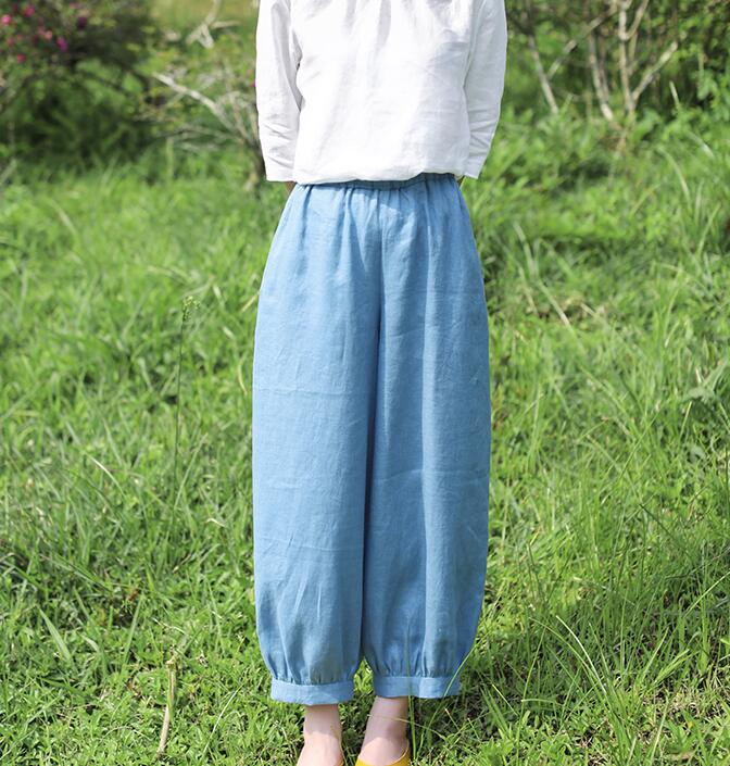 Light Blue Summer Loose Linen Wide Leg Women Casual Pants WG05131 VPPBUY shop