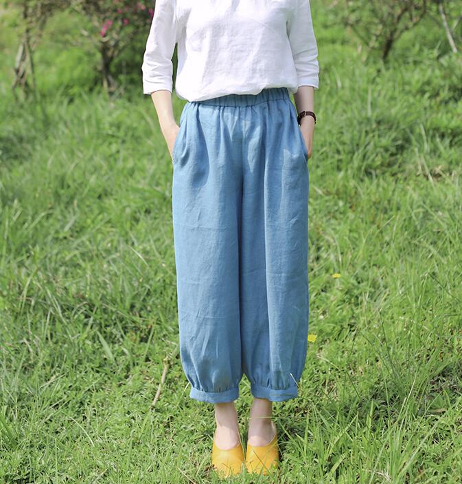 Light Blue Summer Loose Linen Wide Leg Women Casual Pants WG05131 VPPBUY shop