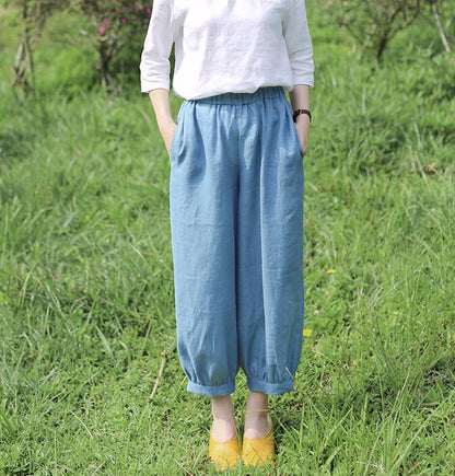 Light Blue Summer Loose Linen Wide Leg Women Casual Pants WG05131 VPPBUY shop