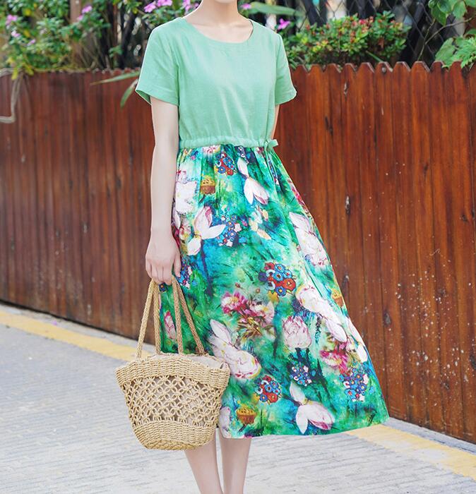 Patchwork Green Women Dresses Ramie Casual  Linen Women Dresses Short Sleeve SSM97215 VPPBUY shop