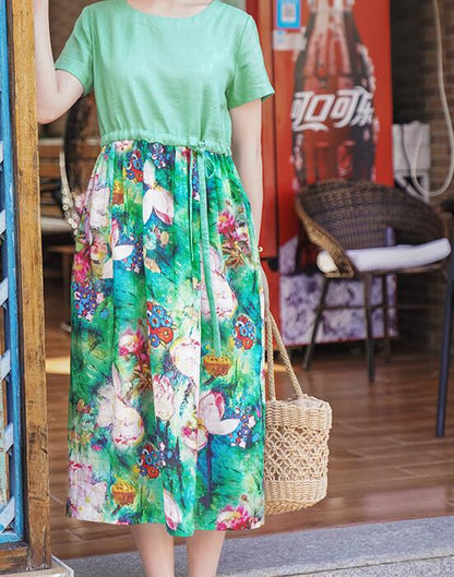 Patchwork Green Women Dresses Ramie Casual  Linen Women Dresses Short Sleeve SSM97215 VPPBUY shop