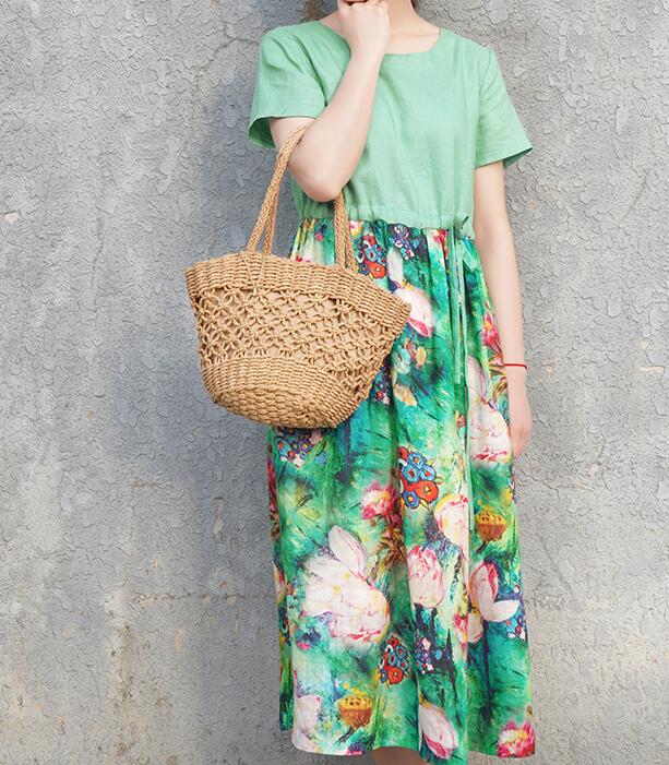 Patchwork Green Women Dresses Ramie Casual  Linen Women Dresses Short Sleeve SSM97215 VPPBUY shop