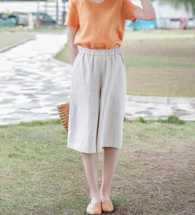 Khaki Short Summer Pants Loose Linen Wide Leg Women Casual Pants WG05131 VPPBUY shop