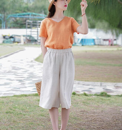 Khaki Short Summer Pants Loose Linen Wide Leg Women Casual Pants WG05131 VPPBUY shop