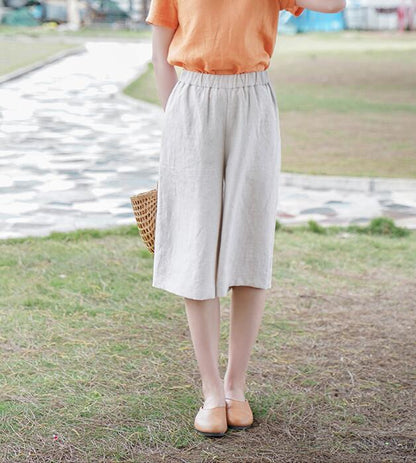 Khaki Short Summer Pants Loose Linen Wide Leg Women Casual Pants WG05131 VPPBUY shop