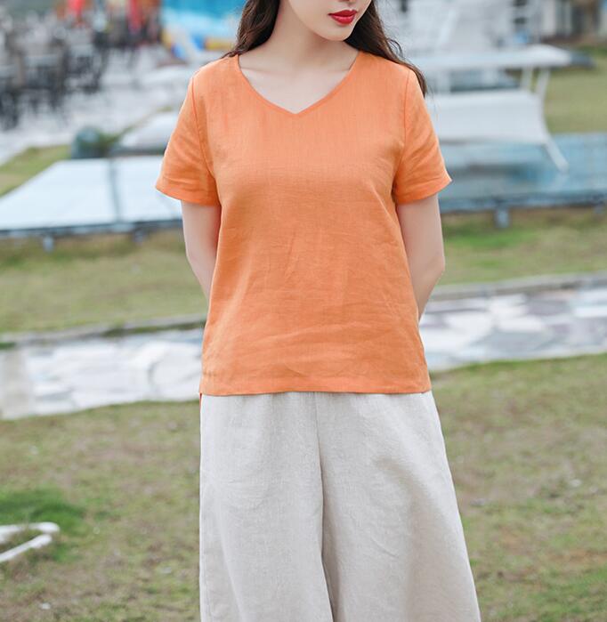 V Neck Orange Linen Blouse Simple Style Shirts Summer Tops  SMM9508 VPPBUY shop