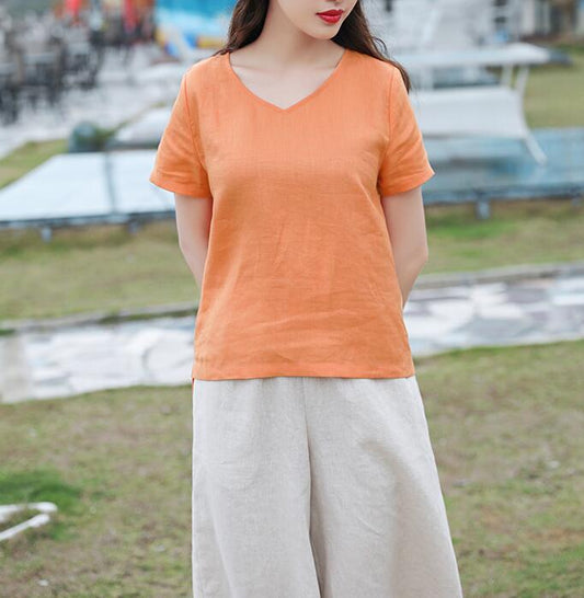 V Neck Orange Linen Blouse Simple Style Shirts Summer Tops  SMM9508 VPPBUY shop