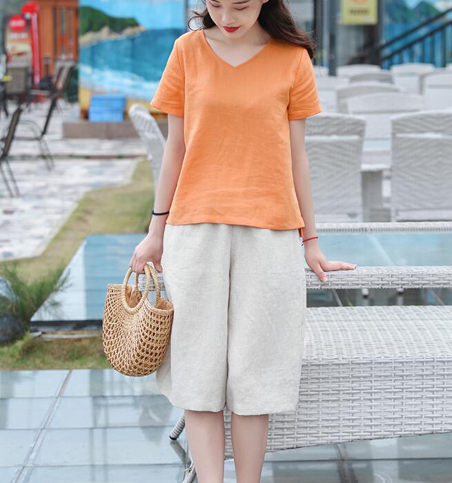 V Neck Orange Linen Blouse Simple Style Shirts Summer Tops  SMM9508 VPPBUY shop