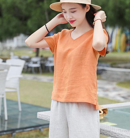 V Neck Orange Linen Blouse Simple Style Shirts Summer Tops  SMM9508 VPPBUY shop